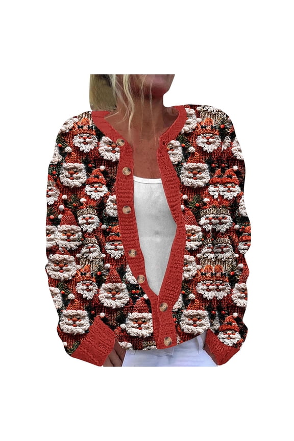 Women's Cardigan Sweater Long Sleeve Casual Knit Jacket with Christmas Print