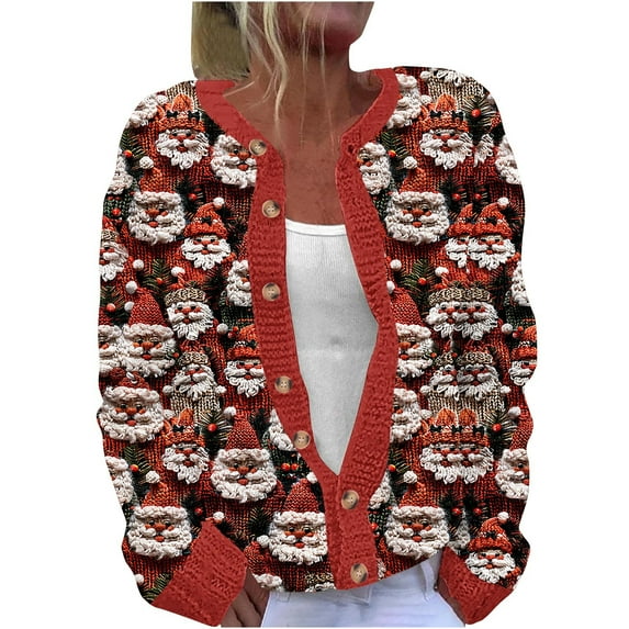 Mgmyaa Women's Cardigan Sweater Long Sleeve Casual Knit Jacket with Christmas Print