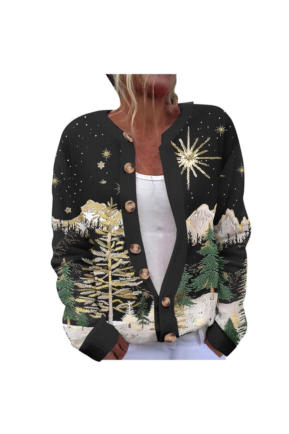 Women's Cardigan Sweater Long Sleeve Casual Knit Jacket with Christmas Print