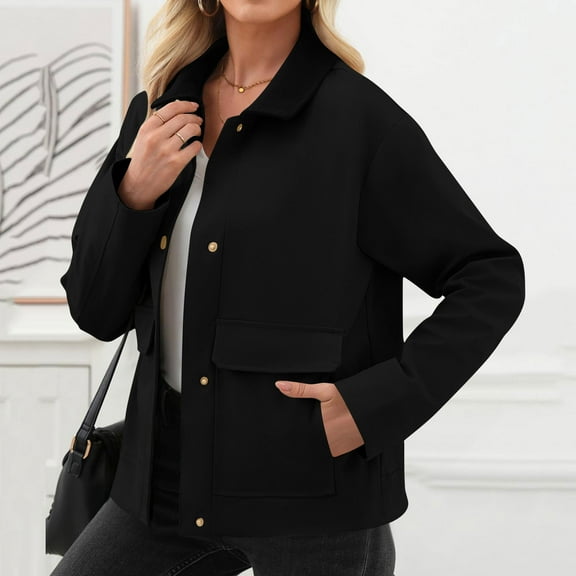 Mgmyaa Women's Casual Cropped Shacket Lapel Long Sleeve Button Down Jacket Fleece Fall Winter Coat with Pockets