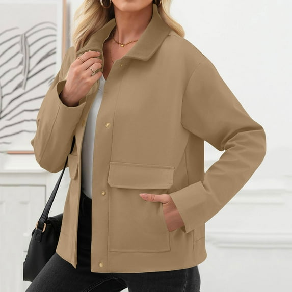 Mgmyaa Women's Casual Cropped Shacket Lapel Long Sleeve Button Down Jacket Fleece Fall Winter Coat with Pockets