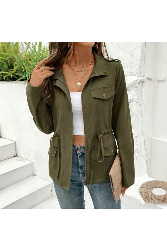 Women's Casual Drawstring Waist Jacket Solid Color Long Sleeve Blazer with Pockets