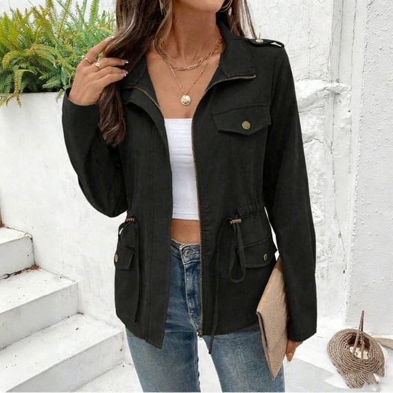 Mgmyaa Women's Casual Drawstring Waist Jacket Solid Color Long Sleeve Blazer with Pockets