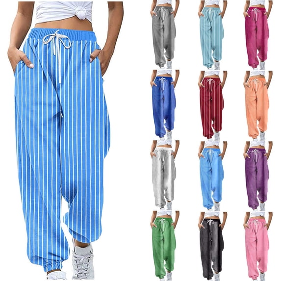 Mgmyaa Women's Casual Striped Print Drawstring Loose Jogger Pants with Pockets and Elastic Waist