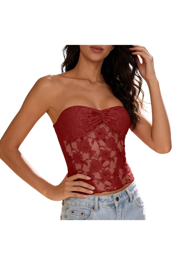 Women's Casual Tube Top Square Neckline Pull-On Lace Stretchable Skinny Solid Color for Casual