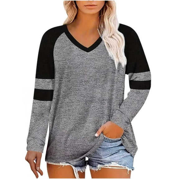 Mgmyaa Women's Casual V-Neck Color Block Long Sleeve Tops Loose Fit Plus Size Blouses Everyday Shirts