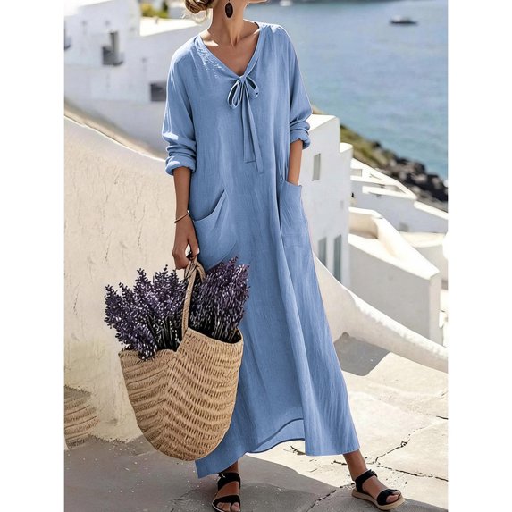 Mgmyaa Women's Casual V-Neck Long Sleeve Solid Loose Tent Long Dress