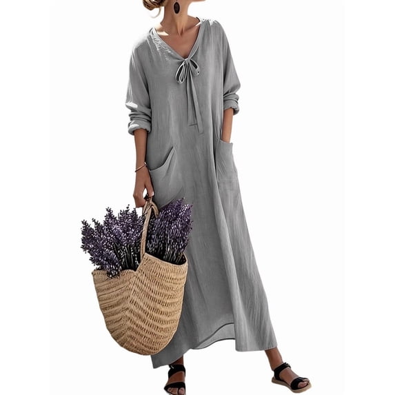 Mgmyaa Women's Casual V-Neck Long Sleeve Solid Loose Tent Long Dress