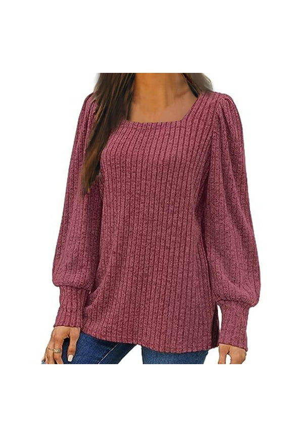 Women's Chunky Sweaters Square Neck Hem Slit Long Sleeve Puff Sleeve Loose Knitted Top