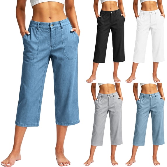 Mgmyaa Women's Cropped Wide Leg Jeans with Pockets High Waisted Button Closure for Casual