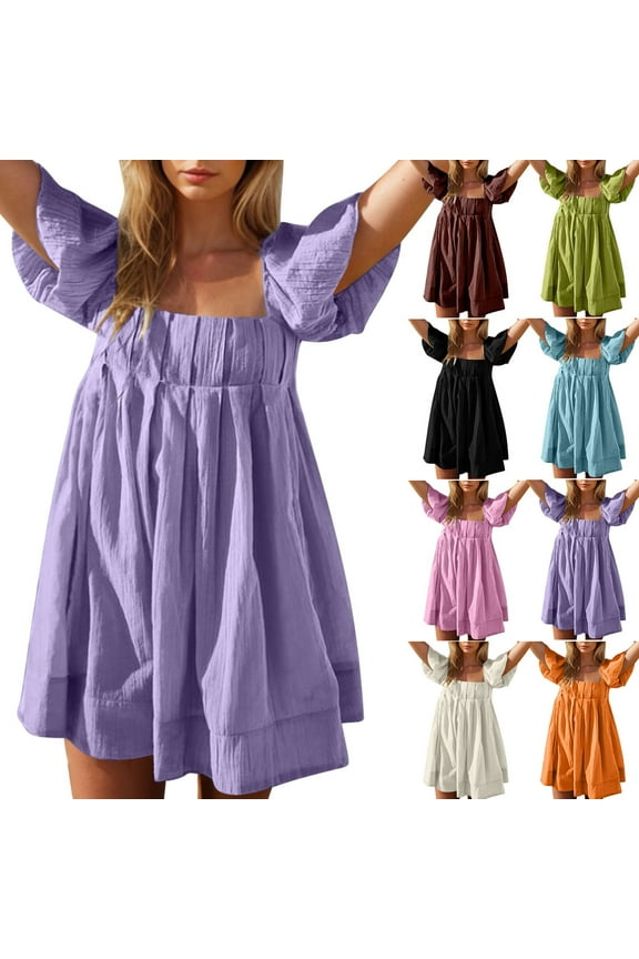 Women's Cute Mini Dresses Solid Color Square Neck Front Pleated Cross-Back Tie Blouson Sleeve Low Back Babydoll Dress