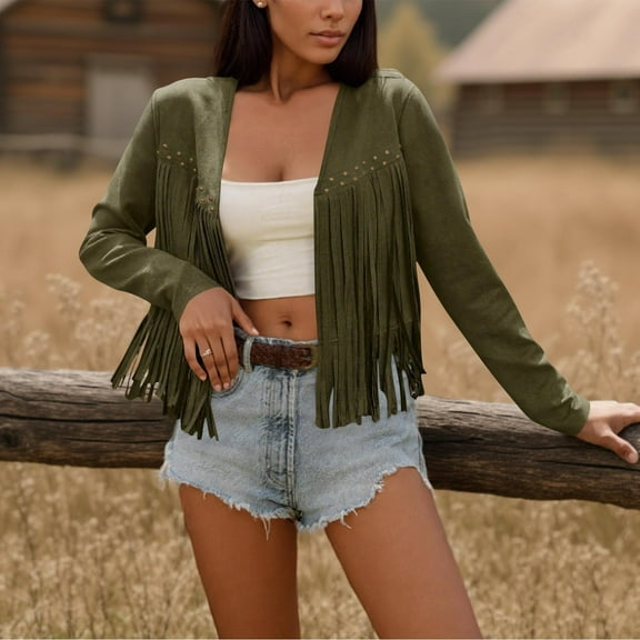 Mgmyaa Women's Deer Velvet Fringe Cardigan Jacket Long Sleeve Open Front Boho Tassel Cover Up Casual Coat