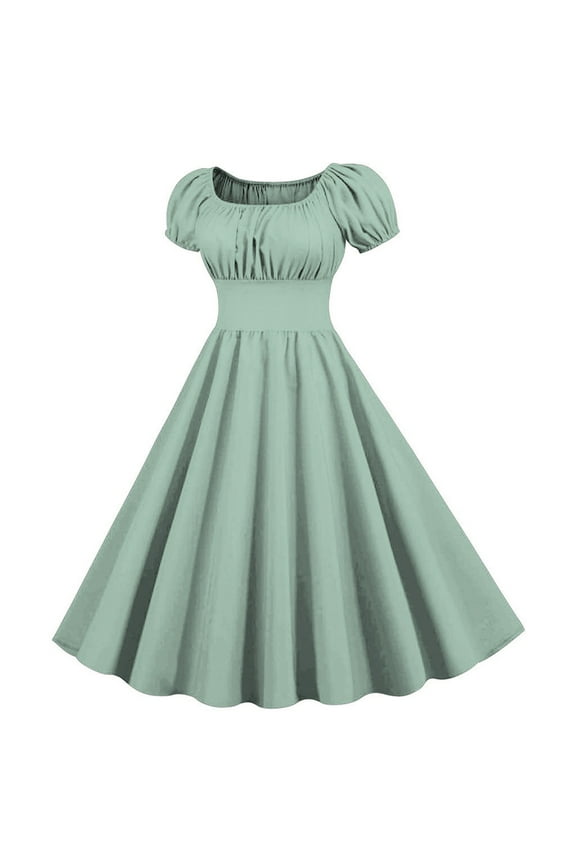 Women's Dress Short Sleeve Square Neck Peplum Dress Blouson Sleeve Pleated A-Line Mini Dress