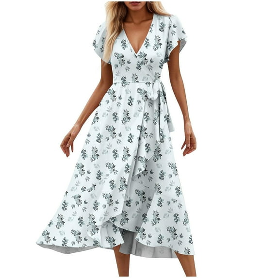 Mgmyaa Women's Elegant Long Dress Casual Summer Bohemian Floral Dress A-Line Short Sleeve V-Neck Print Flowy Swing Maxi Beach Dress