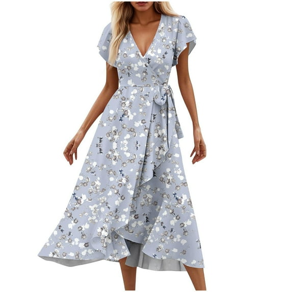 Mgmyaa Women's Elegant Long Dress Casual Summer Bohemian Floral Dress A-Line Short Sleeve V-Neck Print Flowy Swing Maxi Beach Dress
