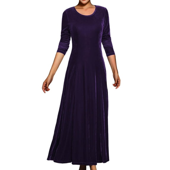 Mgmyaa Women's Elegant Velvet Maxi Dress Long Sleeve Crew Neck Slim Waist Dress for Parties & Evening Events