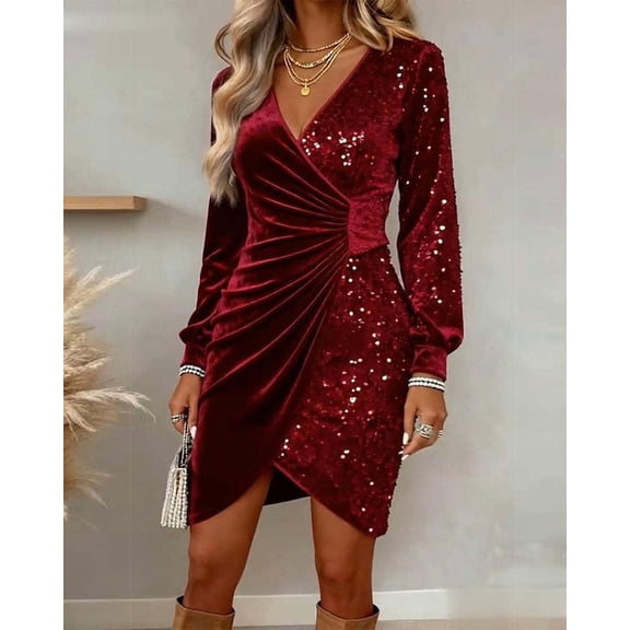 Mgmyaa Women's Evening Gown Spring Summer Sequin Casual V-Neck Long Sleeve Cocktail-Length Dress