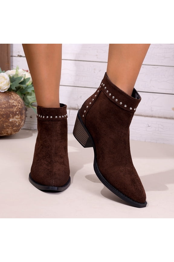 Women's Fashion Casual Comfort Winter Short Boots Pointed Toe Side Zipper Low Block Heel