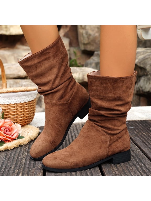 Women's Fashion Winter Mid Calf Boots Medium Heel Round Toe Comfortable Stylish