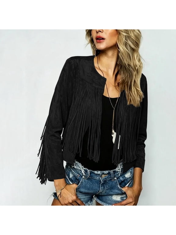 Women's Faux Suede Fringe Jacket Open Front Long Sleeve Collared Outerwear with Pockets Casual Western Coat for Fall and Winter