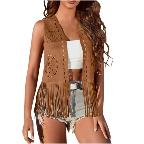 Mgmyaa Women's Faux Suede Fringe Vest Western 70s Hippie Style Open Front Cardigan Jacket Boho Rodeo Tassel Cover