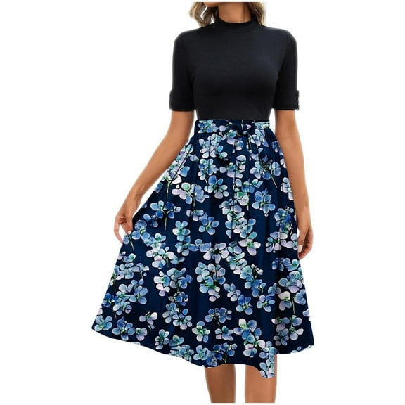 Mgmyaa Women's Fit & Flare Dress Mock Neck Short Sleeve Printing Dresses Elegant Casual Tie Waist Midi Dress