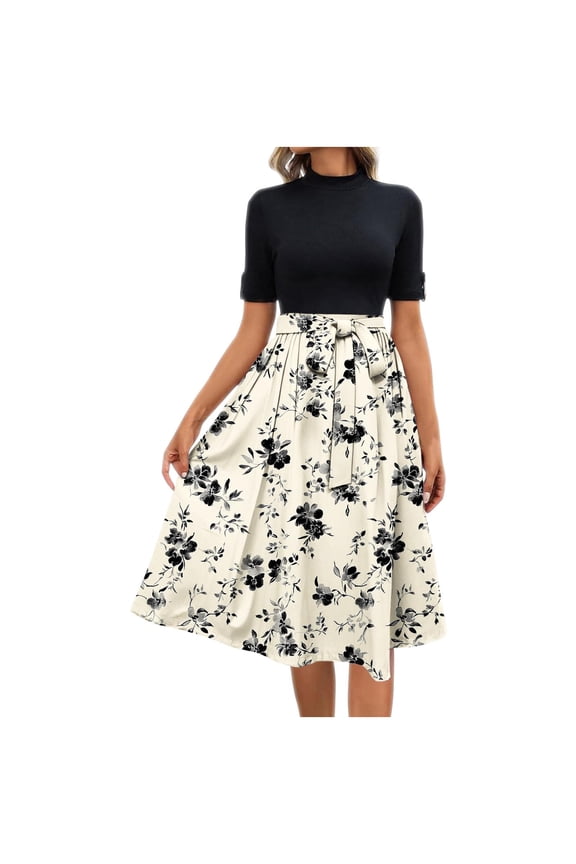 Women's Fit & Flare Dress Mock Neck Short Sleeve Printing Dresses Elegant Casual Tie Waist Midi Dress
