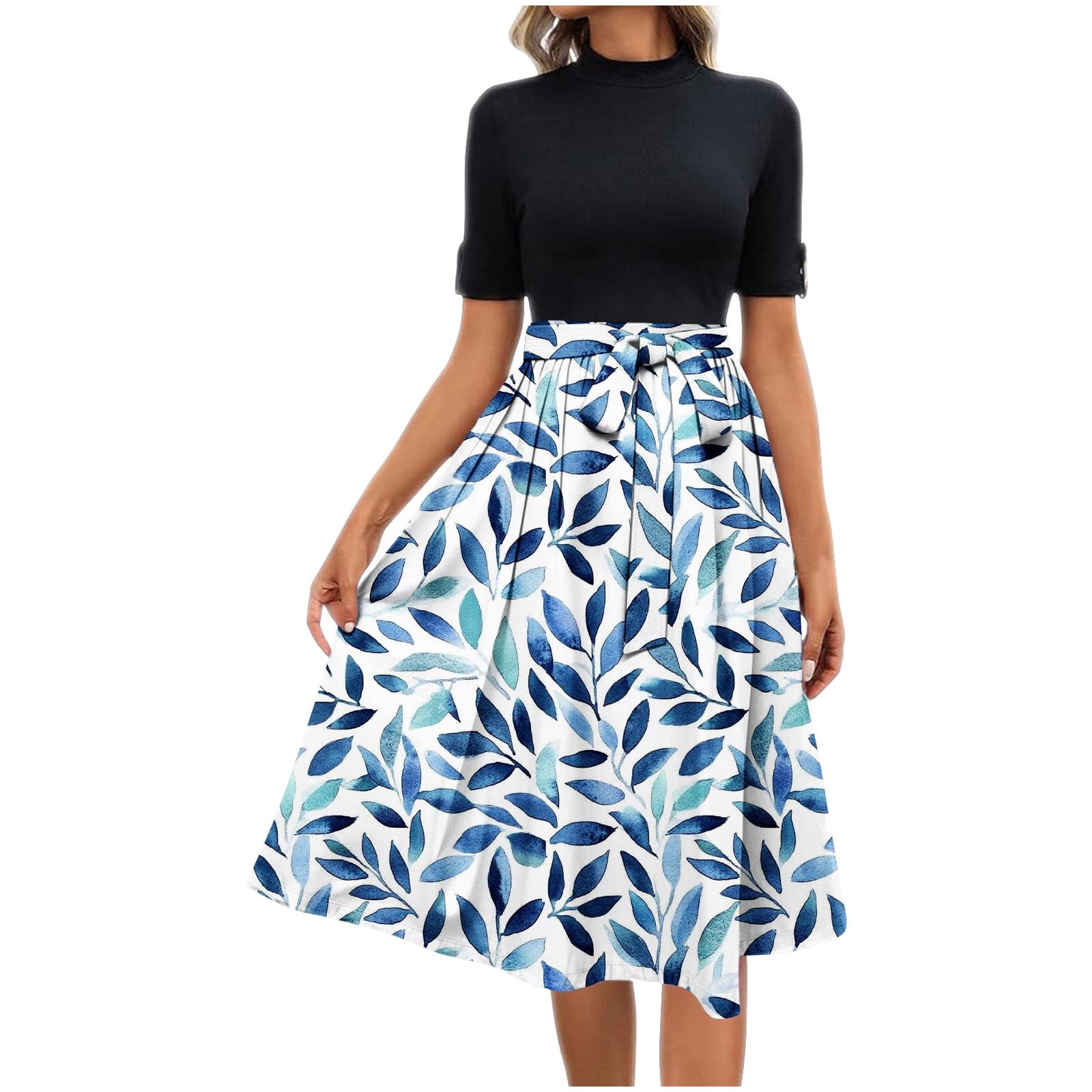 Mgmyaa Women's Fit & Flare Dress Mock Neck Short Sleeve Printing Dresses  Elegant Casual Tie Waist Midi Dress - Walmart.com