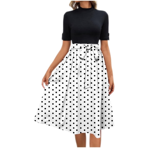 Mgmyaa Women's Fit & Flare Dress Mock Neck Short Sleeve Printing Dresses Elegant Casual Tie Waist Midi Dress