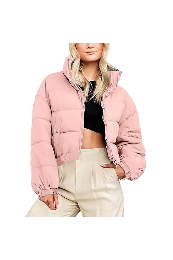 Women's Fitted Cropped Puffer Bubble Jacket Stand Collar Quilted Lightweight Outerwear Zippered Pockets Coat