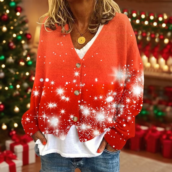 Mgmyaa Women's Fleece Lined Cardigan Jacket with Christmas Print, Cozy Long Sleeve Button Front Outerwear for Casual Winter Wear