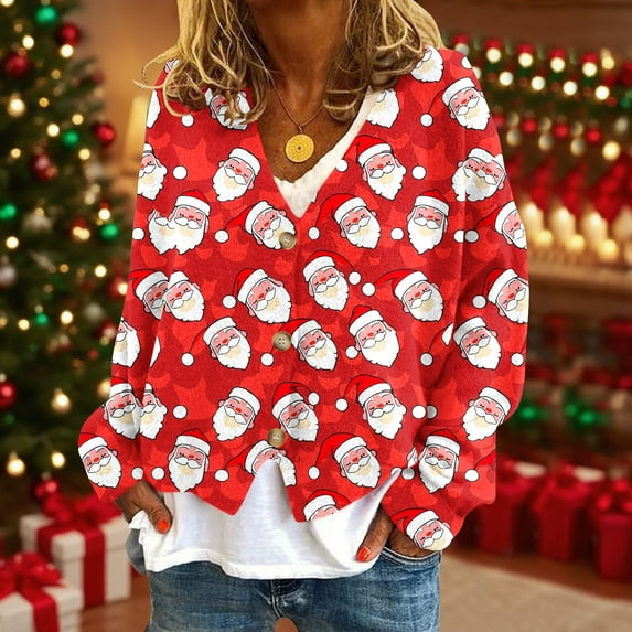 Mgmyaa Women's Fleece Lined Cardigan Jacket with Christmas Print, Cozy Long Sleeve Button Front Outerwear for Casual Winter Wear