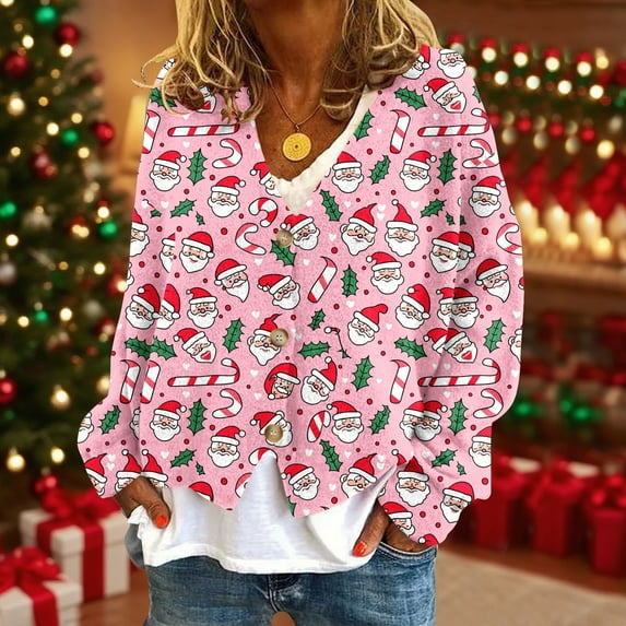 Mgmyaa Women's Fleece Lined Cardigan Jacket with Christmas Print, Cozy Long Sleeve Button Front Outerwear for Casual Winter Wear