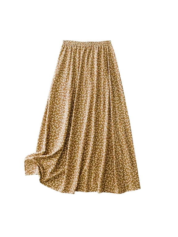 Women's Floral Midi Skirts Loose Casual A-line Skirts Front Slit Mid Length Flowing Skirt