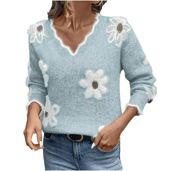 Mgmyaa Women's Floral Print Knit Sweater, Long Sleeve V-Neck Loose Fit Tops