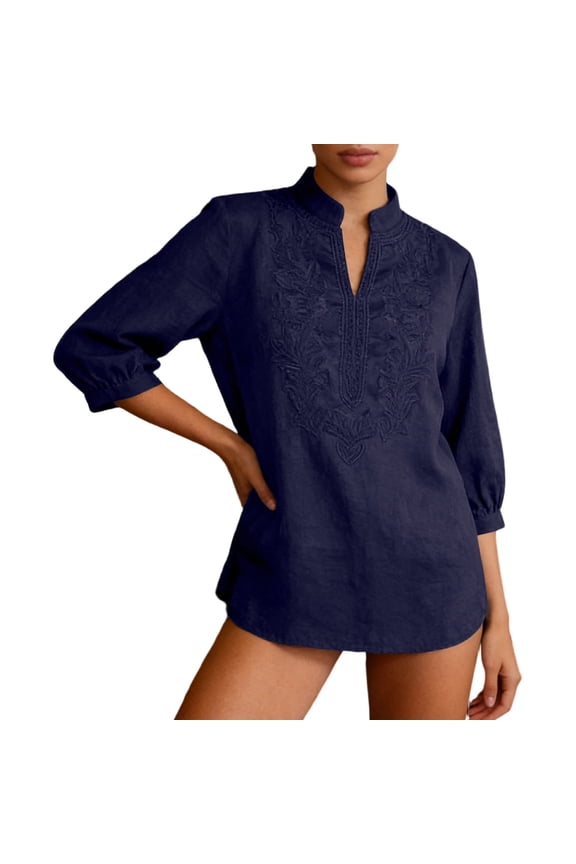 Women's French Style Embroidered Top V-Neck 3/4 Sleeve Solid Color in 100% Cotton Soft and Elegant for Summer