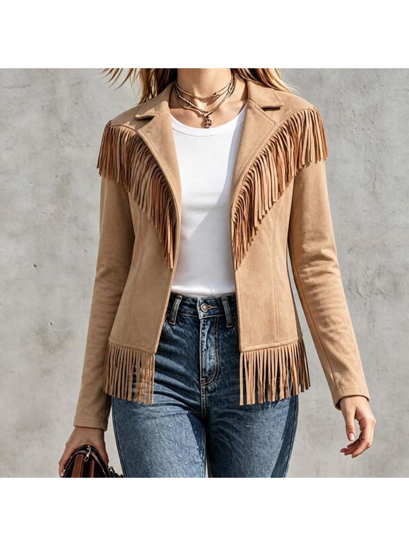 Women's Fringe Jacket Long Sleeve Open Front Collared Outerwear with Fringe Trim Casual Western Style Coat for Fall and Winter Everyday Wear