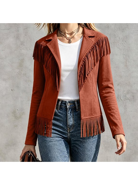 Women's Fringe Jacket Long Sleeve Open Front Collared Outerwear with Fringe Trim Casual Western Style Coat for Fall and Winter Everyday Wear