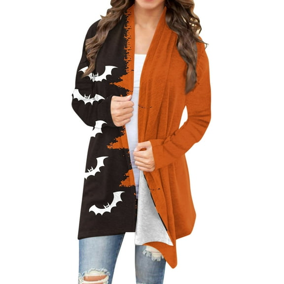 Mgmyaa Women's Halloween Cardigan Long Sleeve Open Front Outwear Coats Plus Size Print Top Cardigan
