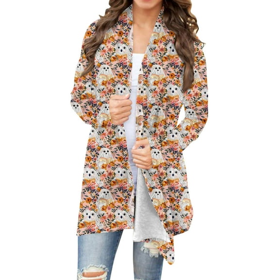 Mgmyaa Women's Halloween Cardigan Long Sleeve Open Front Outwear Coats Plus Size Print Top Cardigan