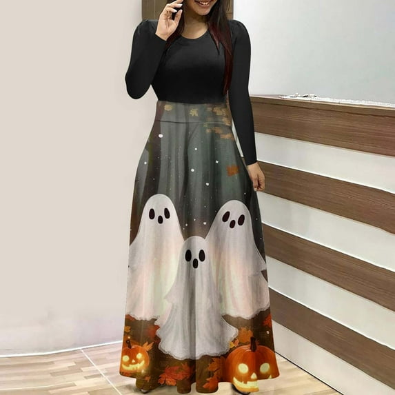 Mgmyaa Women's Halloween Print Dress Long Sleeve Round Neck Pullover Color Block Casual Long Dress