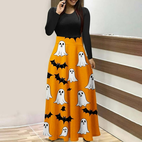 Mgmyaa Women's Halloween Print Dress Long Sleeve Round Neck Pullover Color Block Casual Long Dress