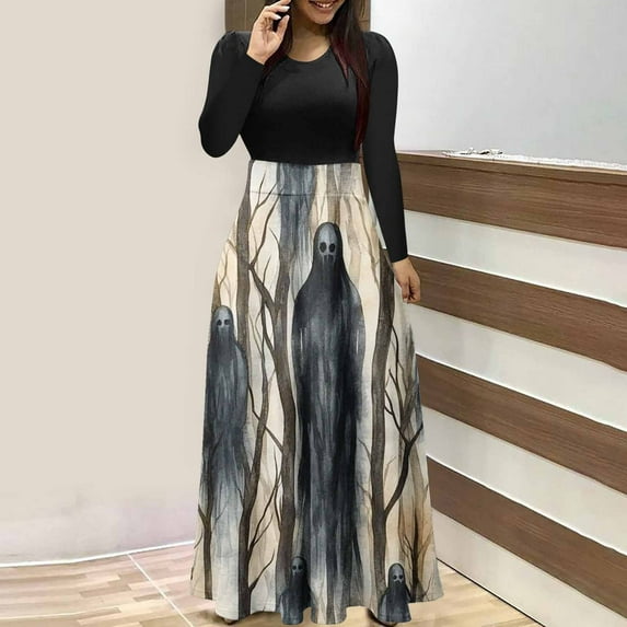 Mgmyaa Women's Halloween Print Dress Long Sleeve Round Neck Pullover Color Block Casual Long Dress
