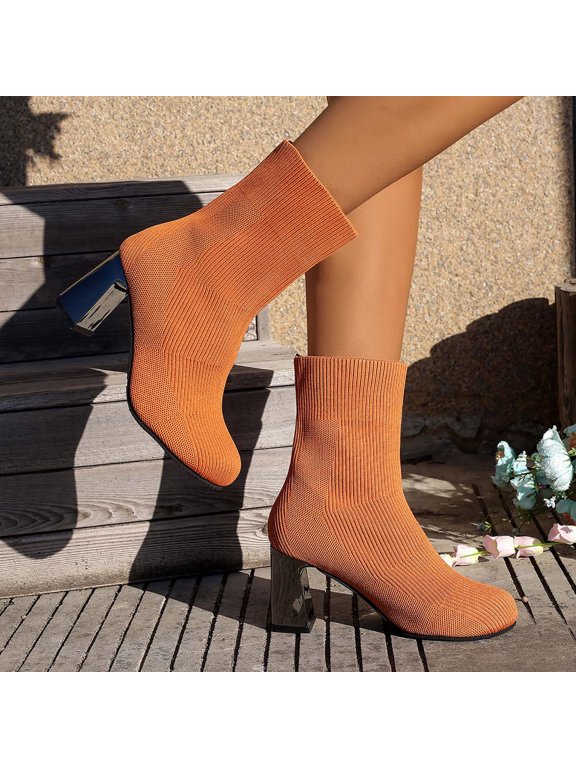 Women's High Heel Boots Pointed Toe Stiletto Elastic Knitted Mid-Calf Pump Booties