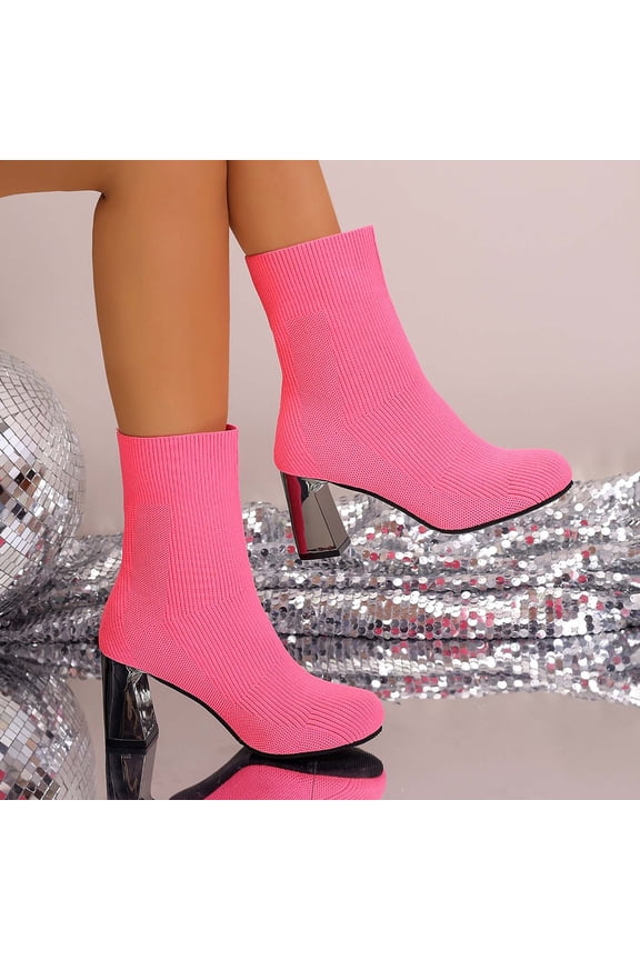 Women's High Heel Boots Pointed Toe Stiletto Elastic Knitted Mid-Calf Pump Booties