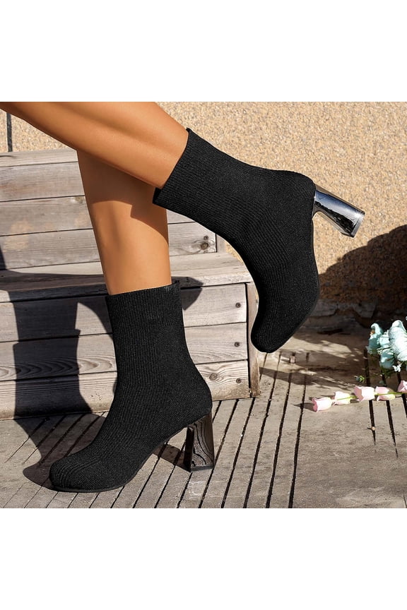 Women's High Heel Boots Pointed Toe Stiletto Elastic Knitted Mid-Calf Pump Booties