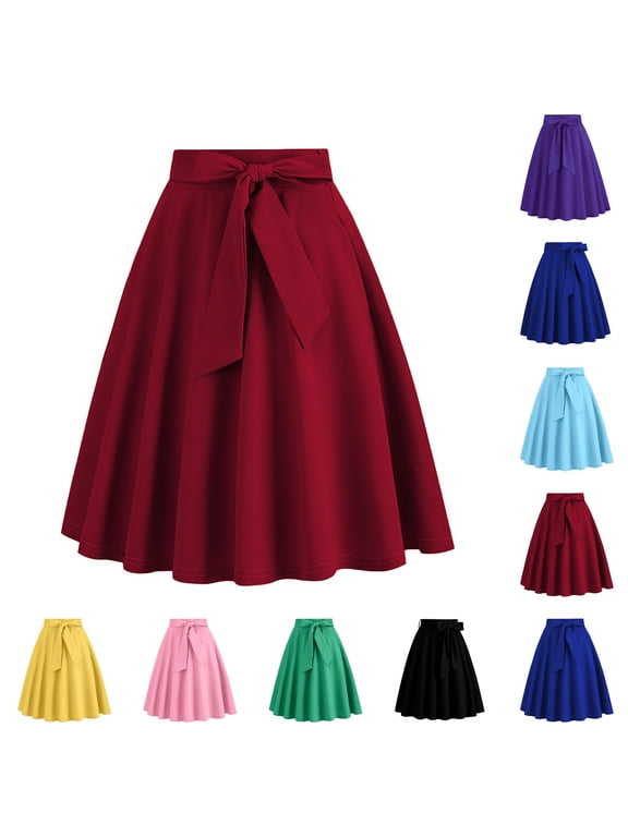 Women's Tie Waist A-Line Midi Skirt Vintage Solid Color Swing Skirt