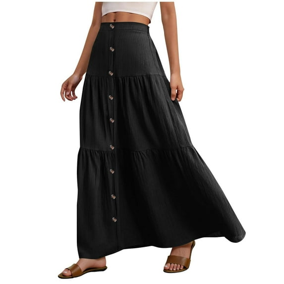 Mgmyaa Women's High Waist Button Front A-Line Long Skirt Flowing Beach Maxi Skirts