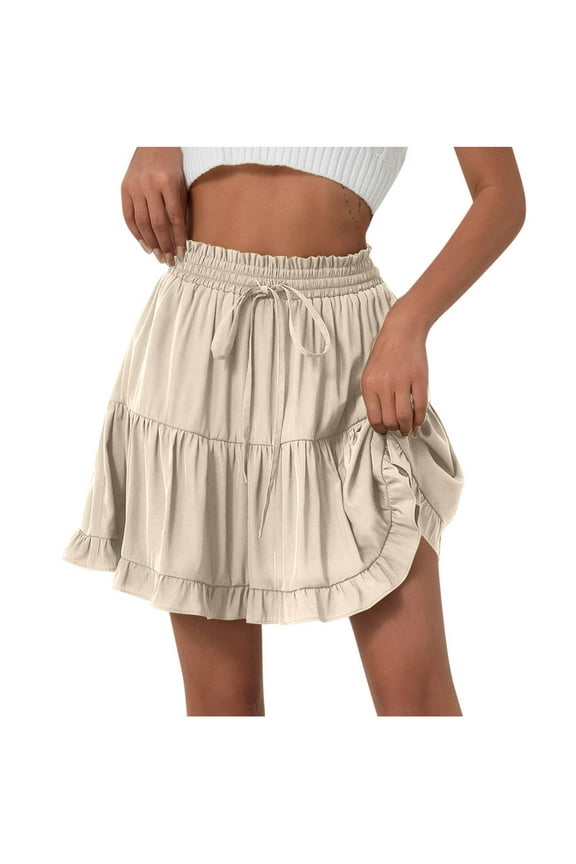Women's High Waist Ruffle Mini Skirt Drawstring Elastic Waist Built in Shorts A Line Flowy Boho Skirt