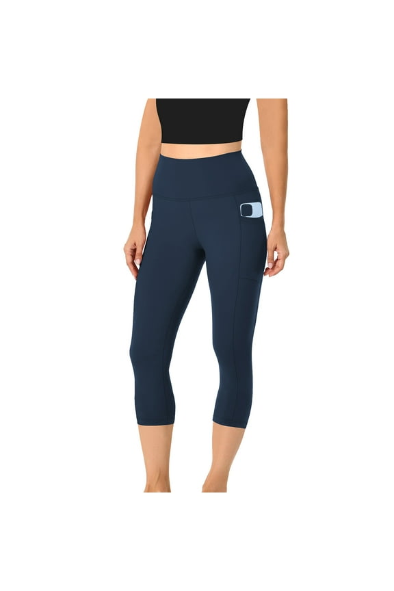 Women's High Waisted Yoga Capris with Pockets Tummy Control Non See Through Workout Athletic Running Capri Leggings, Navy S